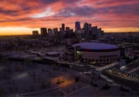 skyline and stadium photo taken from a drone