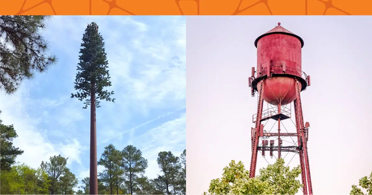 camouflaged wireless cell towers in wooded and urban environments