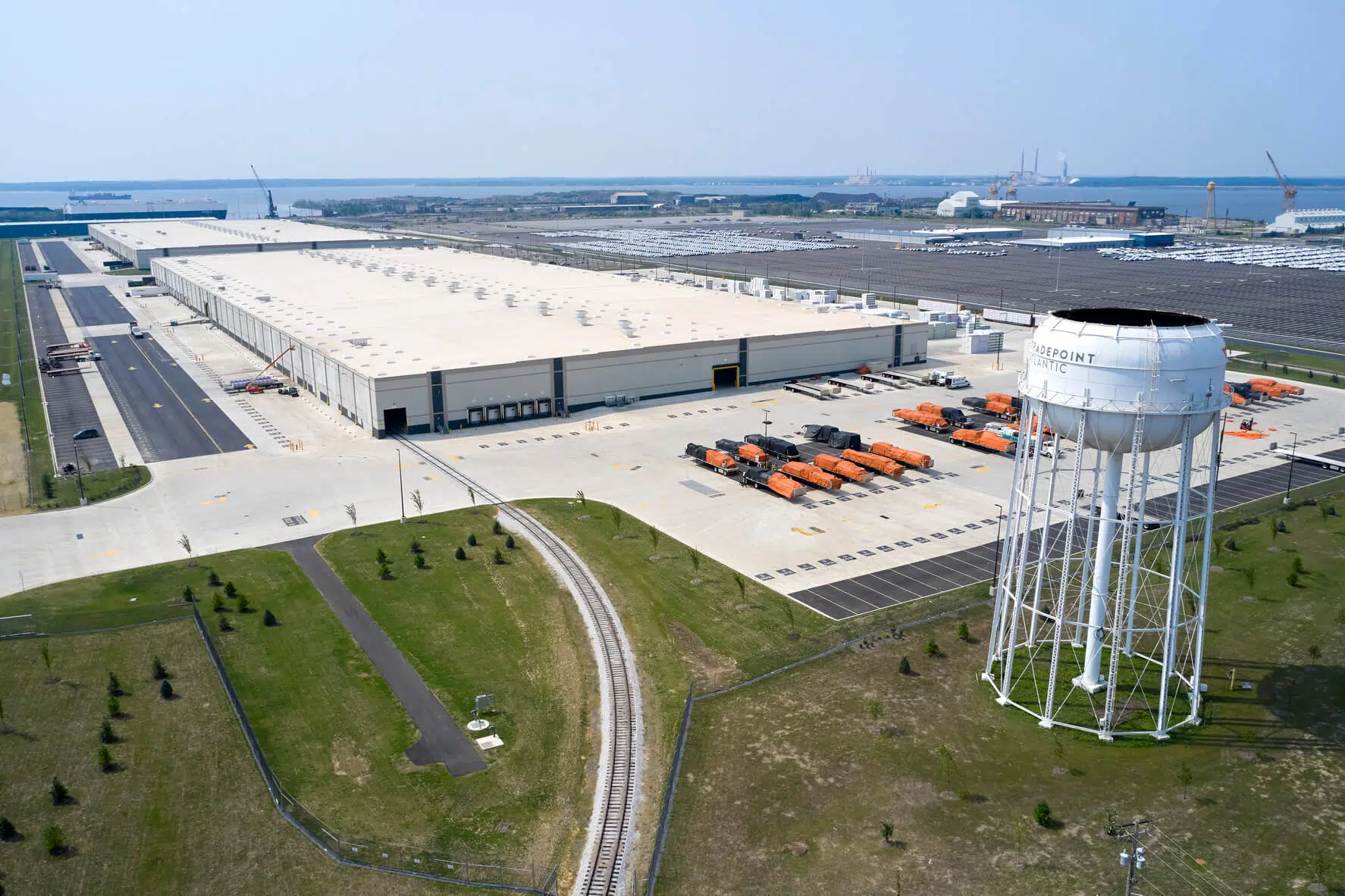 View from the back of the rail-served warehouse facility with a water tower in view