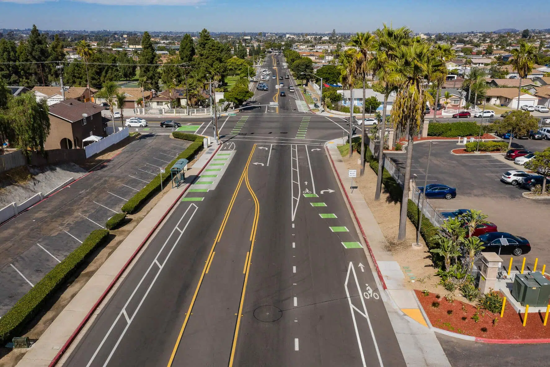 Parking space and green bike lanes along Euclid Avenue