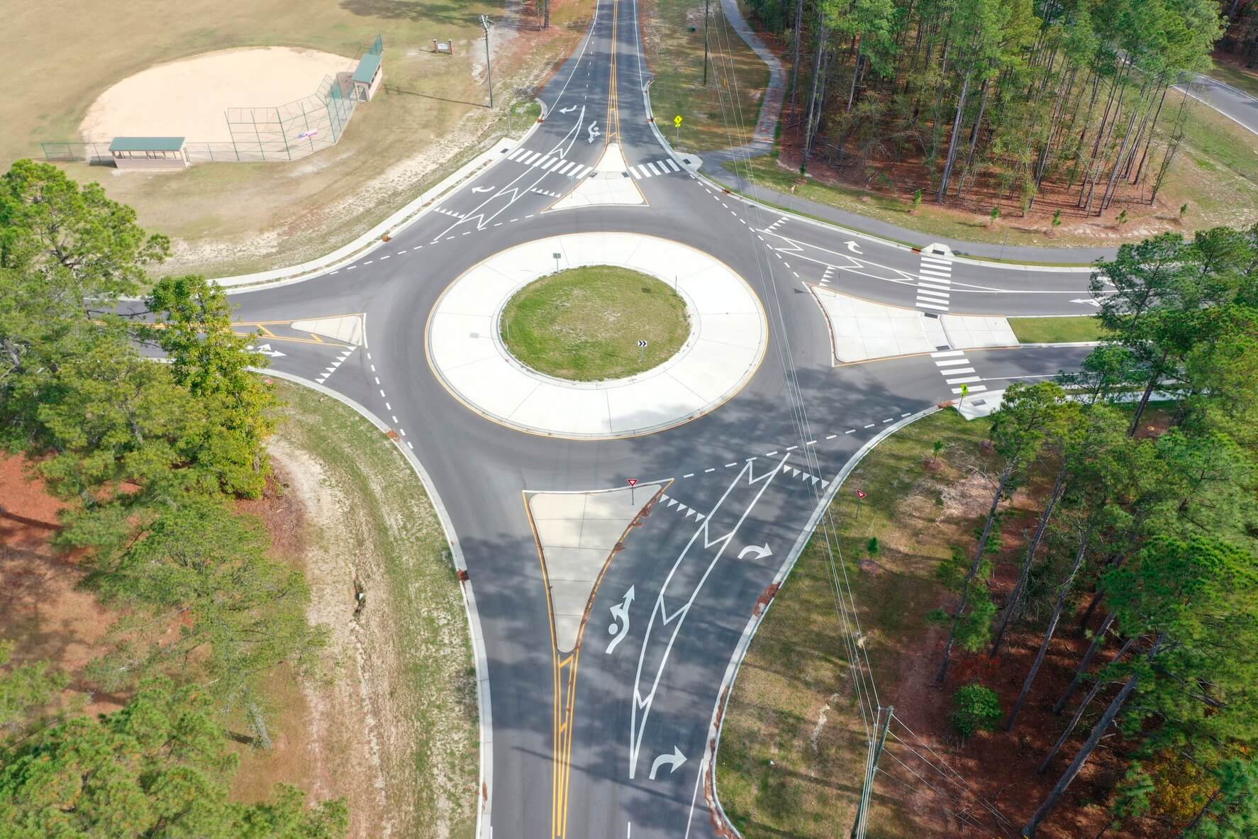 Arial view of the Moore County Roundabout with 4 outlets.
