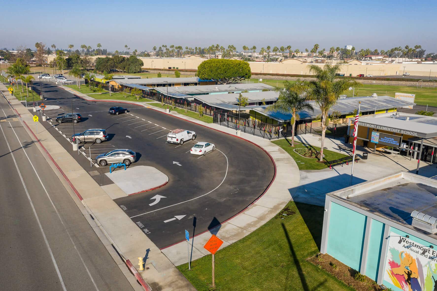 Aerial view of the Westmont Elementary School turn in and parking lot