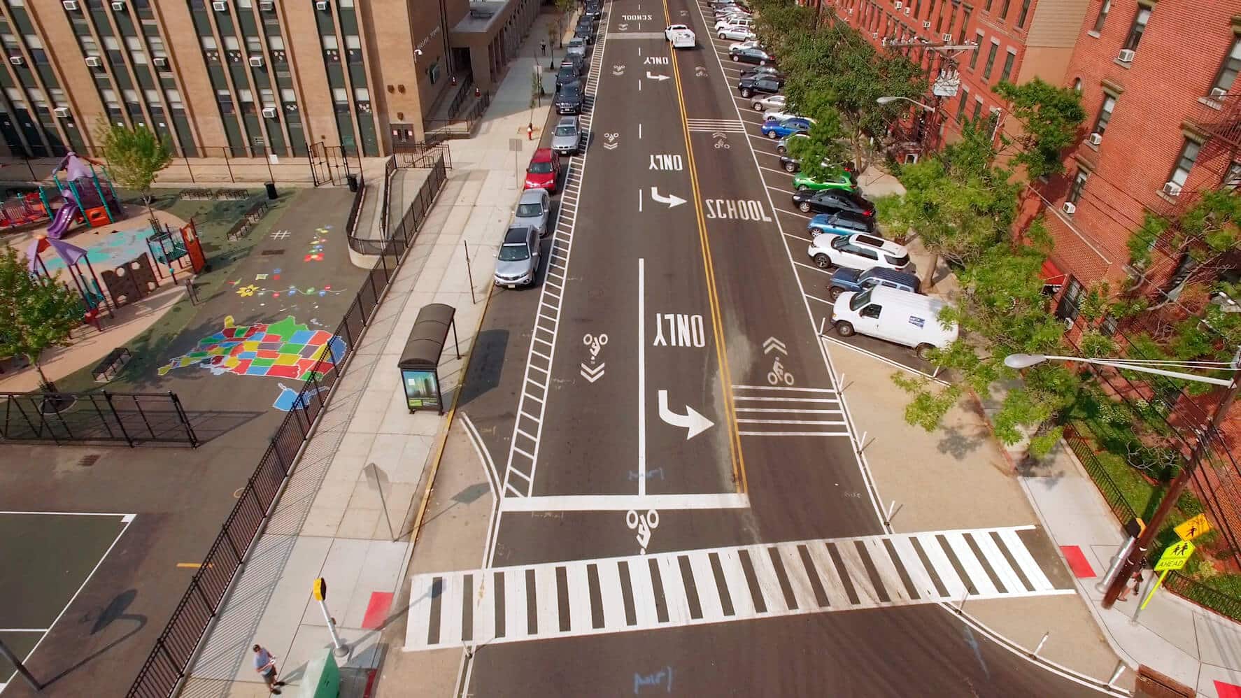 Bike and bus lanes along a city street