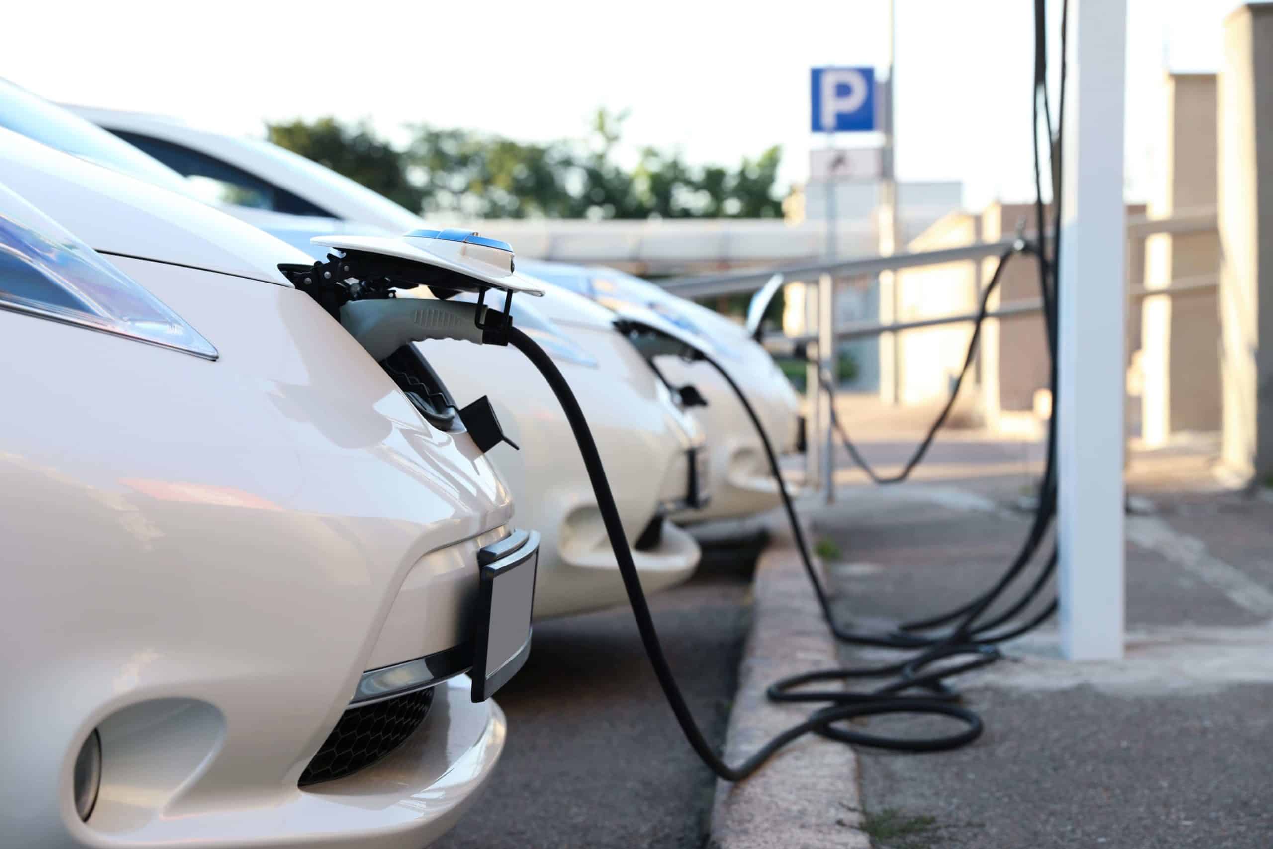 Cars docked at EV charging stations charging their electric vehicles