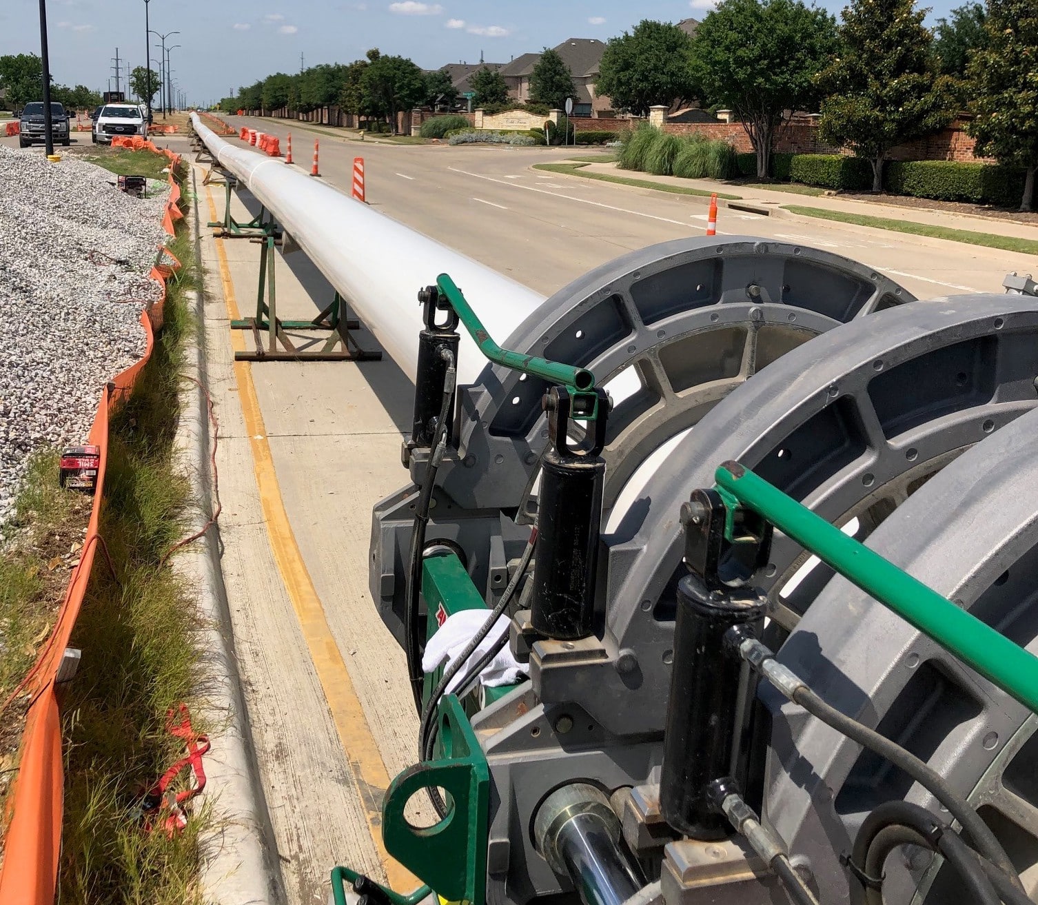 A 20” Fusible PVC Force Main fused together before HDD installation along Legacy Drive, a four-lane divided thoroughfare, in Frisco, Texas.