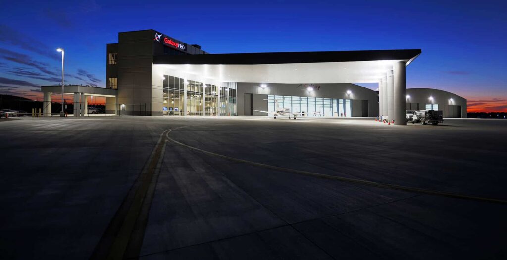 Kimley-Horn designed, permitted, and administered construction phase services for the Galaxy Fixed-Base Operator (FBO) at the Conroe-North Houston Airport.
