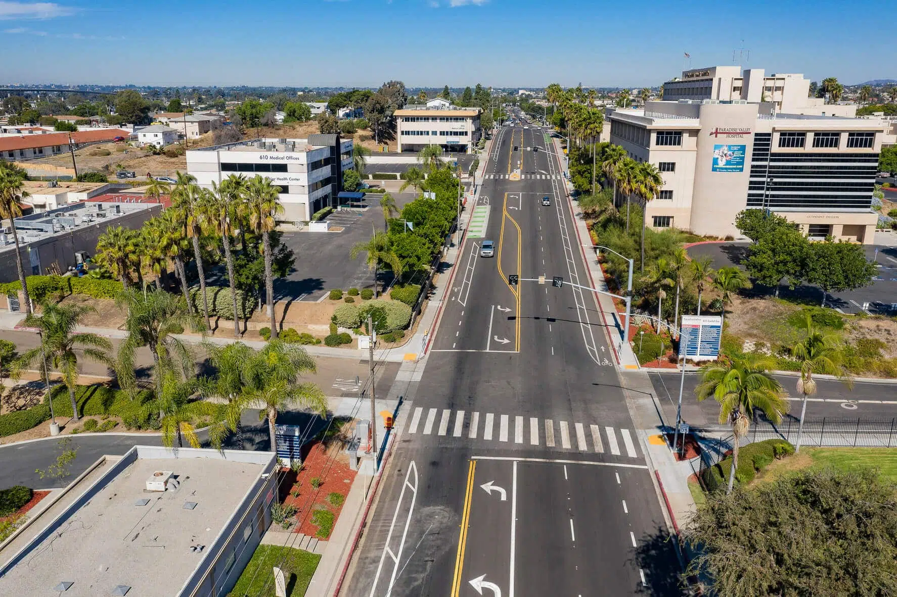Arial view of pedestrian crosswalks at a four-way intersection