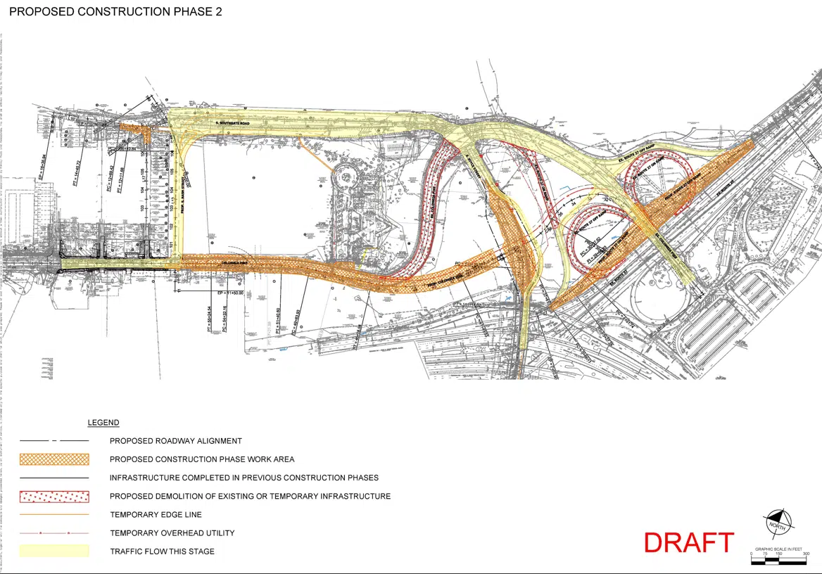 Construction phase 2 draft showing traffic flow, proposed demolition areas, roadway realignments, and intermediate connections.