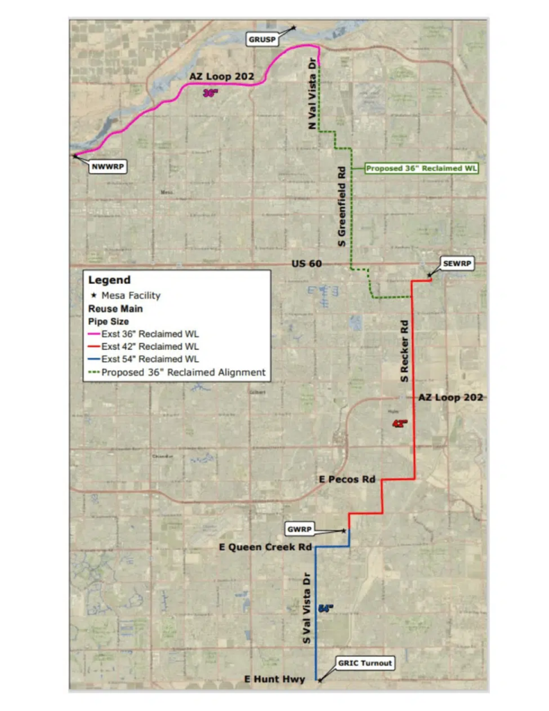 Proposed Reclaimed Waterline Alignment (in Green) in Relation to Existing Pipelines (in Red)