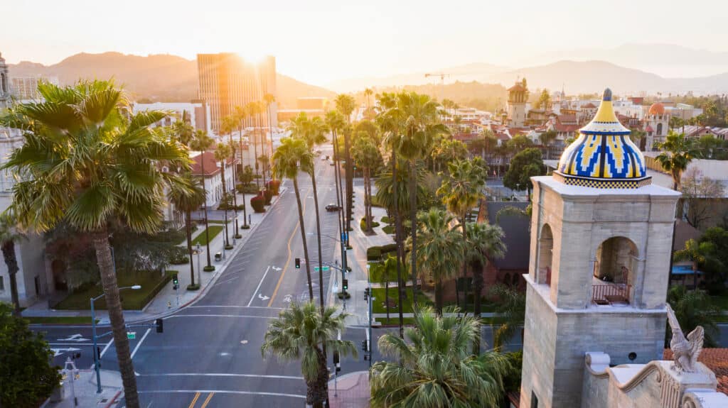 Aerial sunset view of the downtown area of Riverside, California.